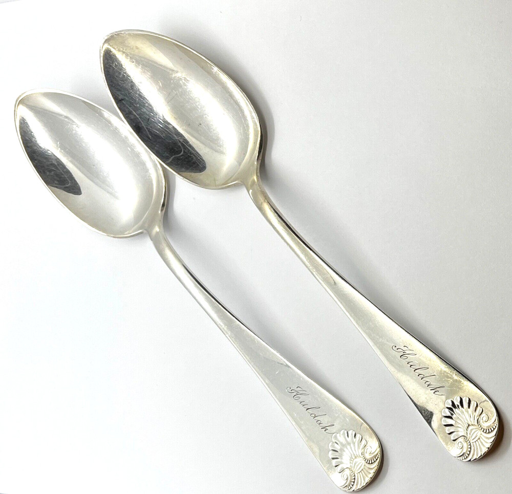 2 - Antique N Shafer Silverplate Serving Spoons Shell Pattern Engraved "Huldah"