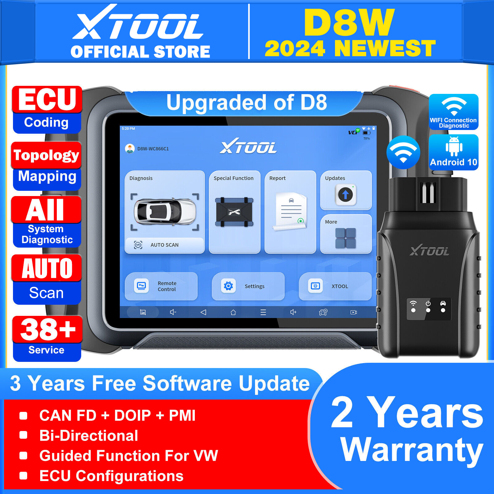 XTOOL D8W WIFI All System Diagnostic OBD2 Scanner 38+ Services Topology Mapping