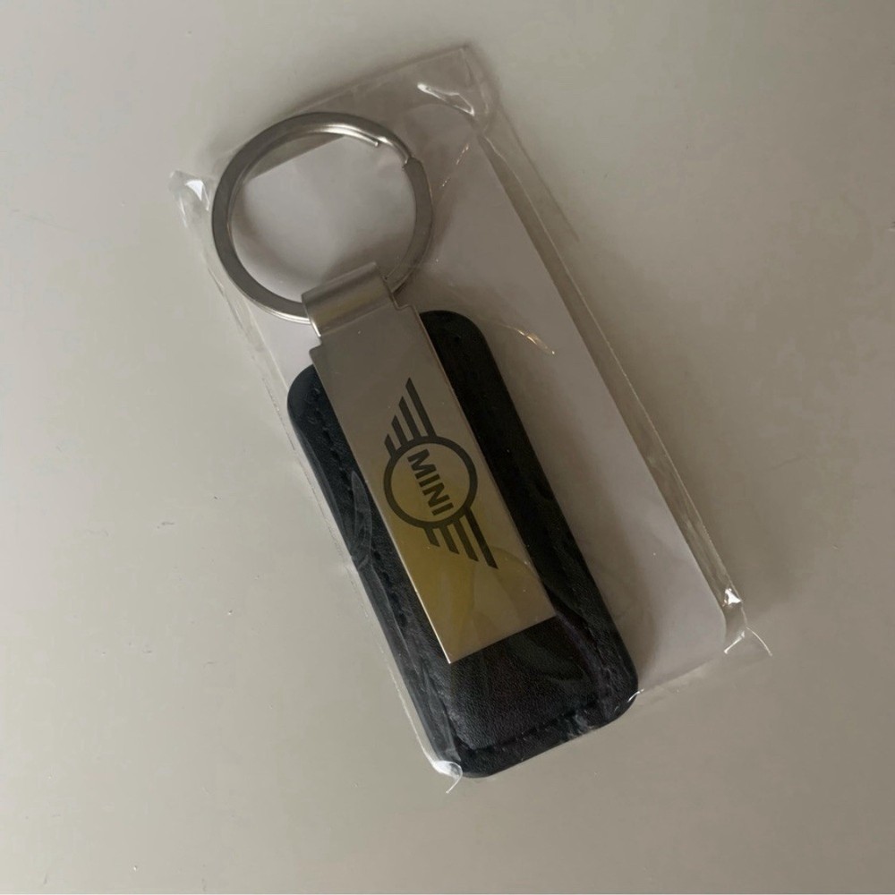 MINI Cooper Leather Silver Name Plate Keychain Key Ring