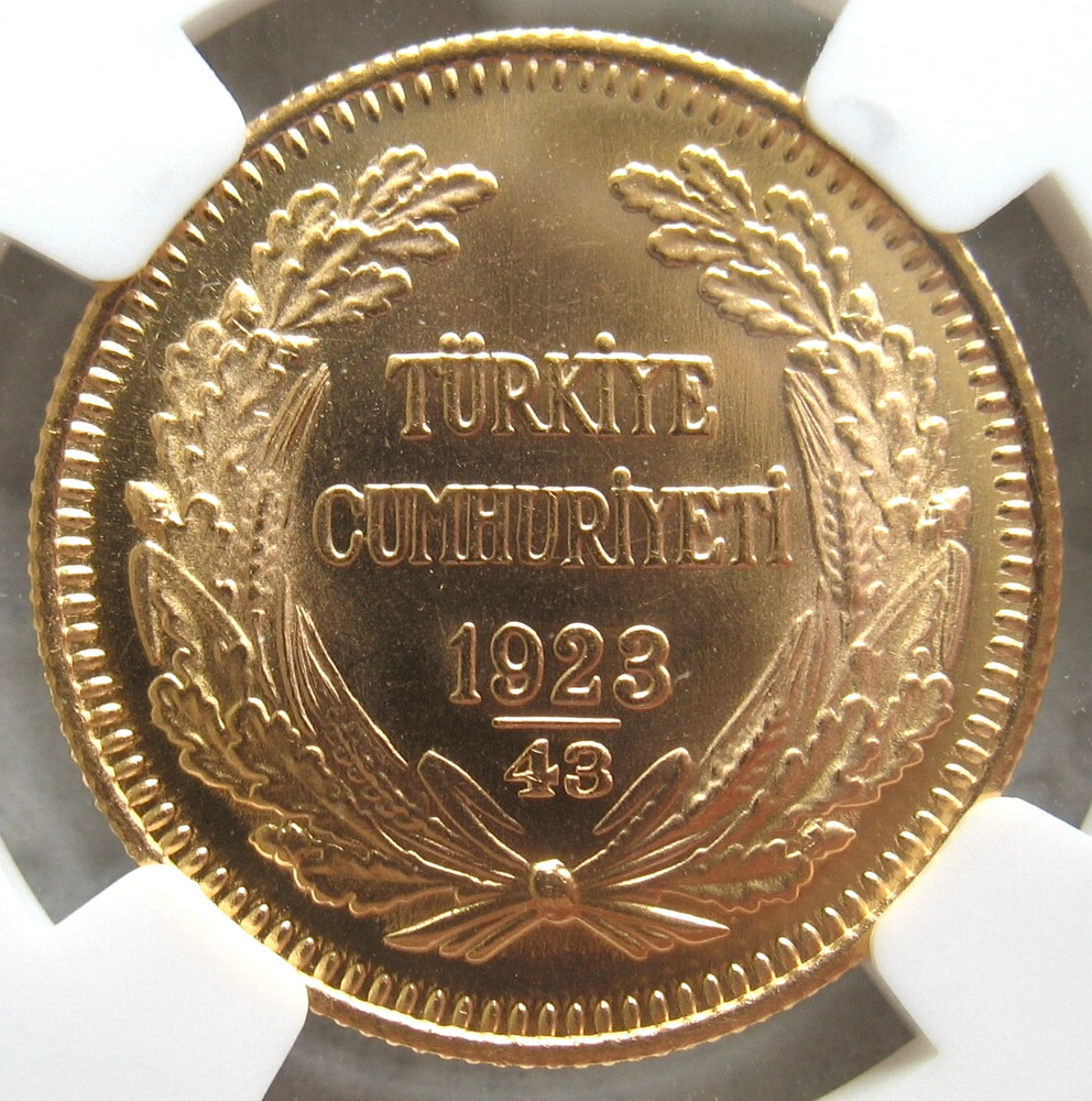 Turkey 1923/43 Gold 100 Kurush NGC MS-63