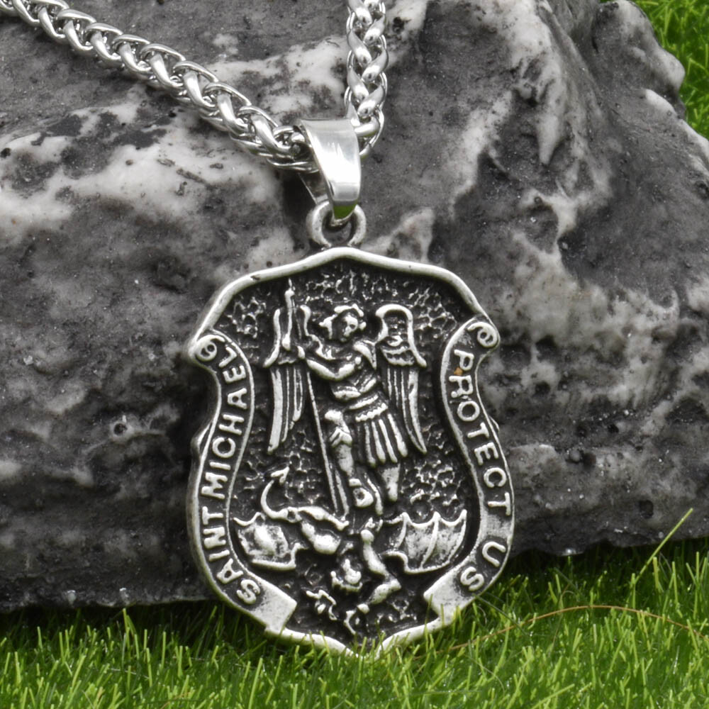 Archangel Saint St Michael Protect Us Medal Shield Pendant Necklace w 20" Chain