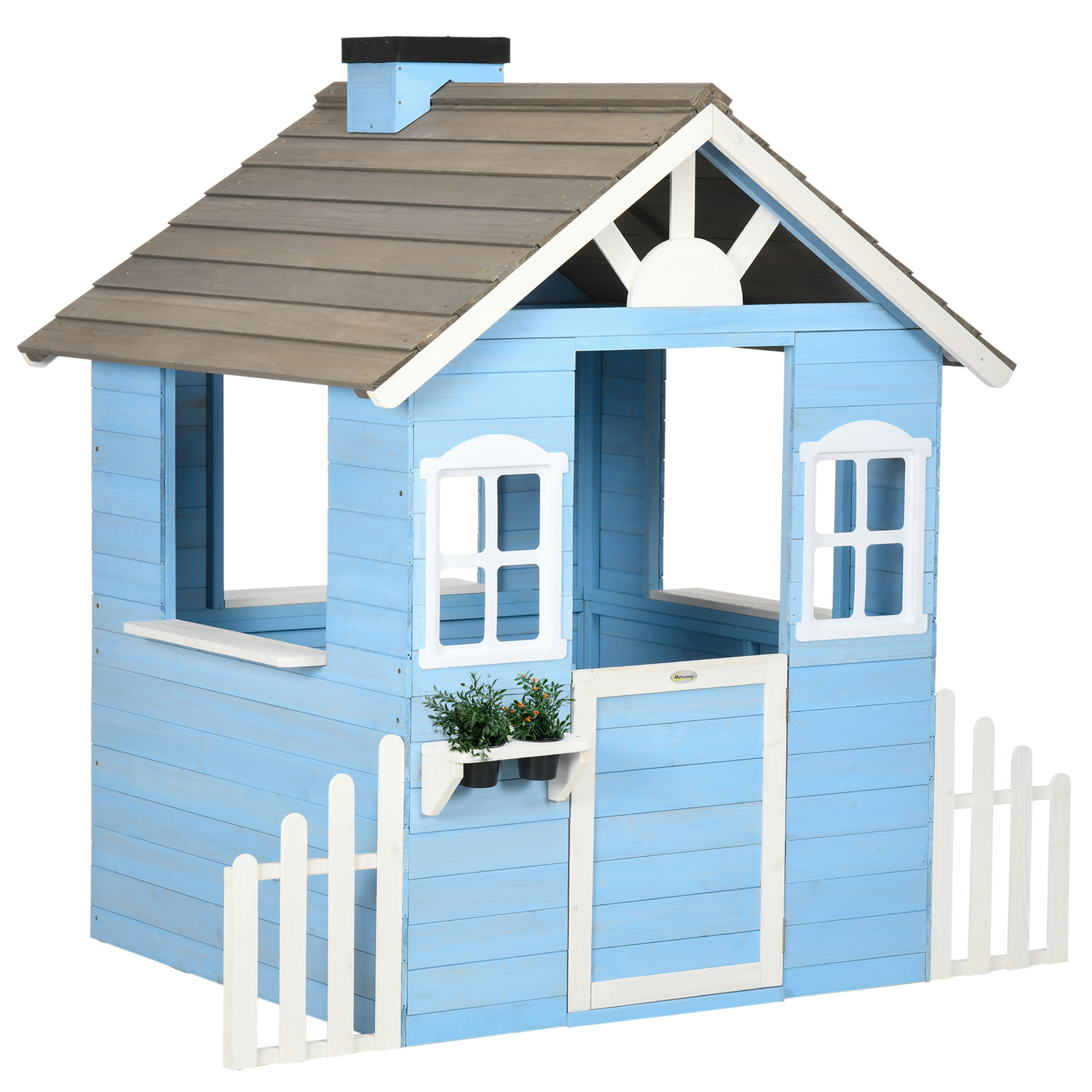 Wooden Playhouse for Kids Outdoor with Flower Pot Holders, Blue