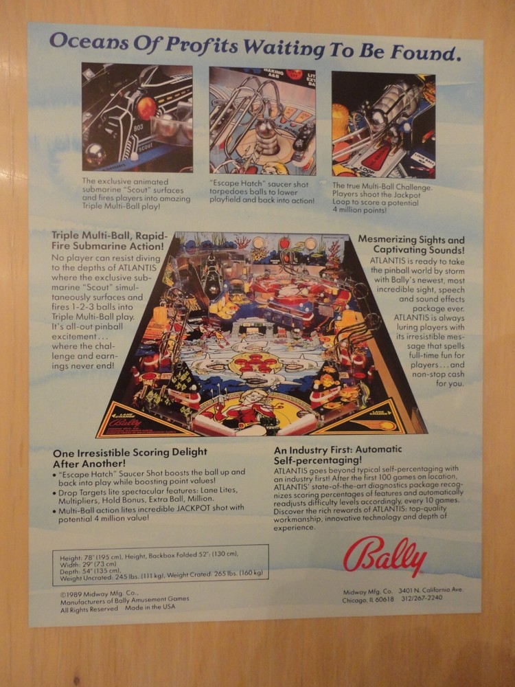 Atlantis Pinball Flyer Bally Original Brochure