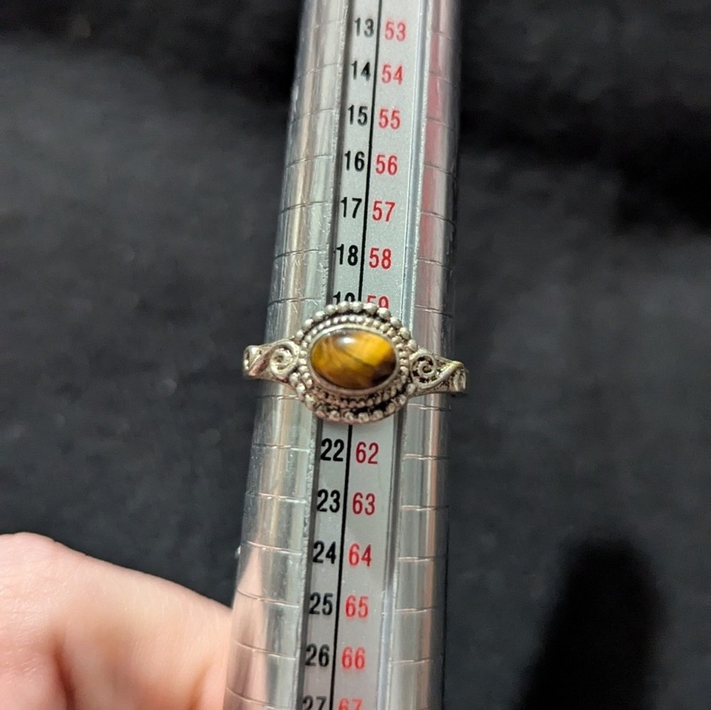 Silver Plated Brown Tiger's Eye Gemstone Oval Dainty Delicate Statement Ring