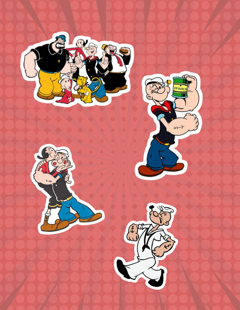 Popeye Retro Cartoon 4pc Sticker Pack