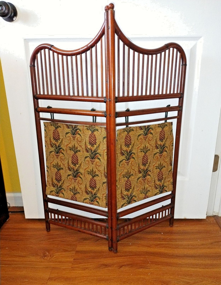 Wood and pineapple tapestry 2 panel folding fireplace screen