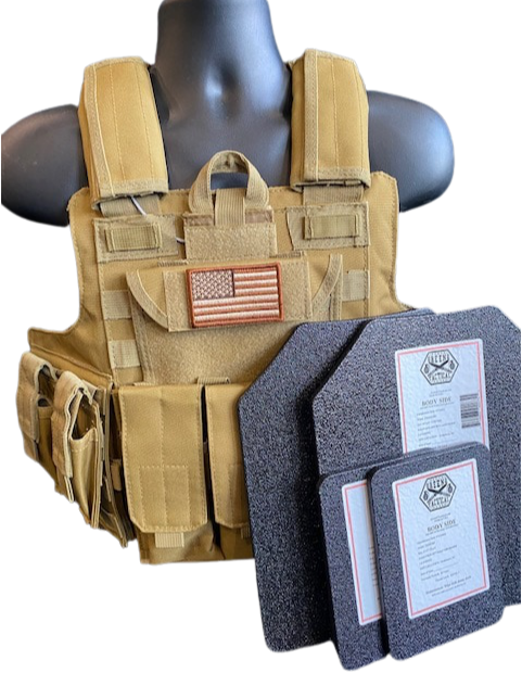 Coyote Tan FDE Tactical Vest Plate Carrier W/ Plates- 2 10x12 Front/back &Sides