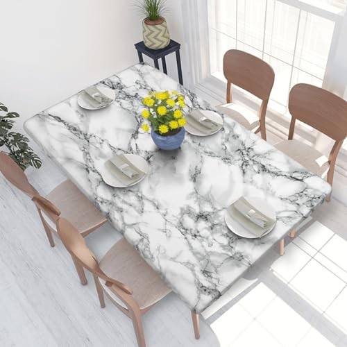 Black and White Marble Tablecloth with Elastic Edge for 4ft Rectangle Table,