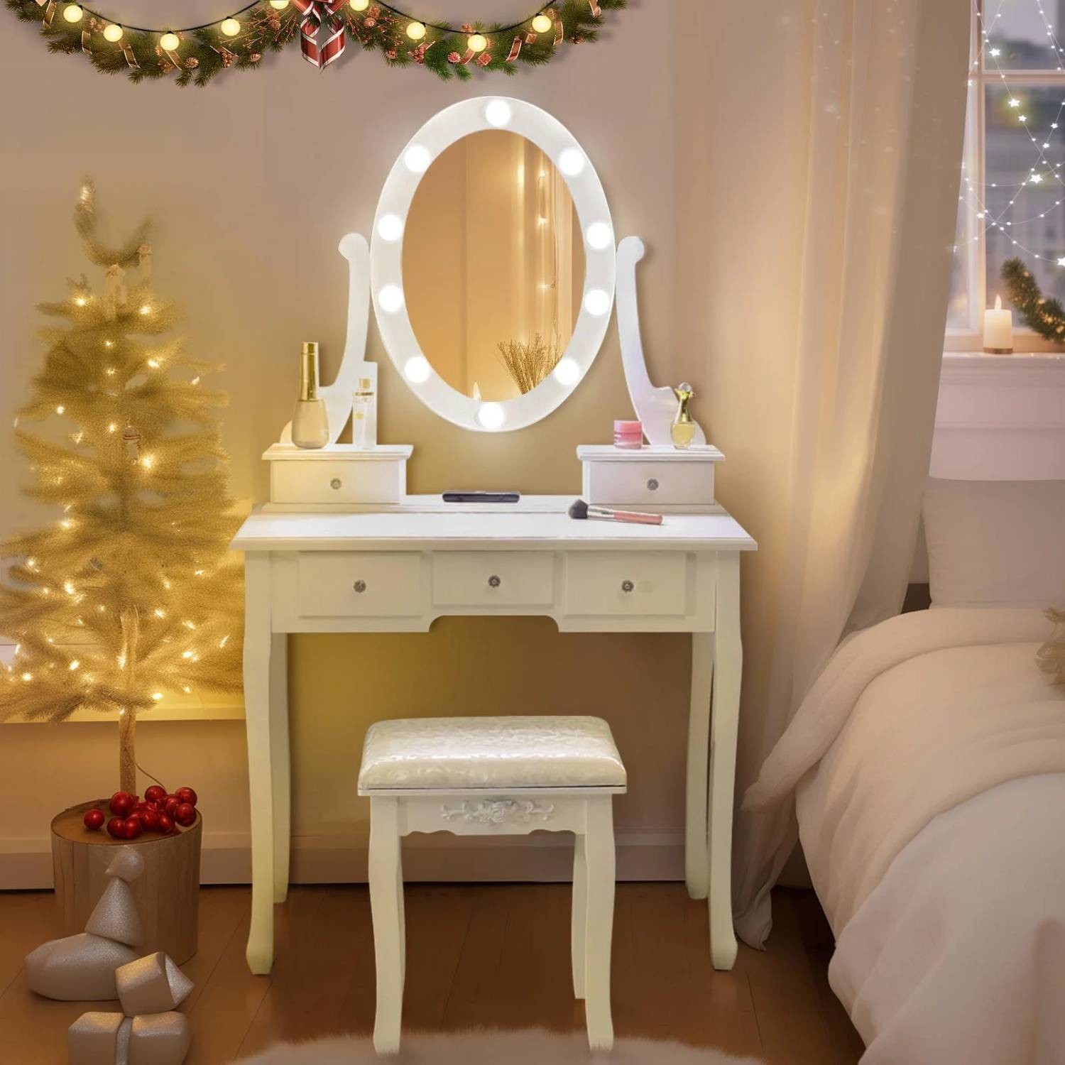 Vanity Makeup Dressing Table Set w/Stool 4 Drawer & Led Mirror Wood Desk White
