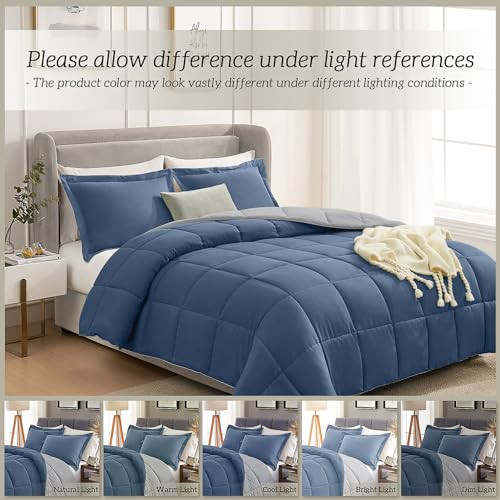 Queen Comforter Set Blue/Grey, Comforters Queen Size Set, Soft Lightweight