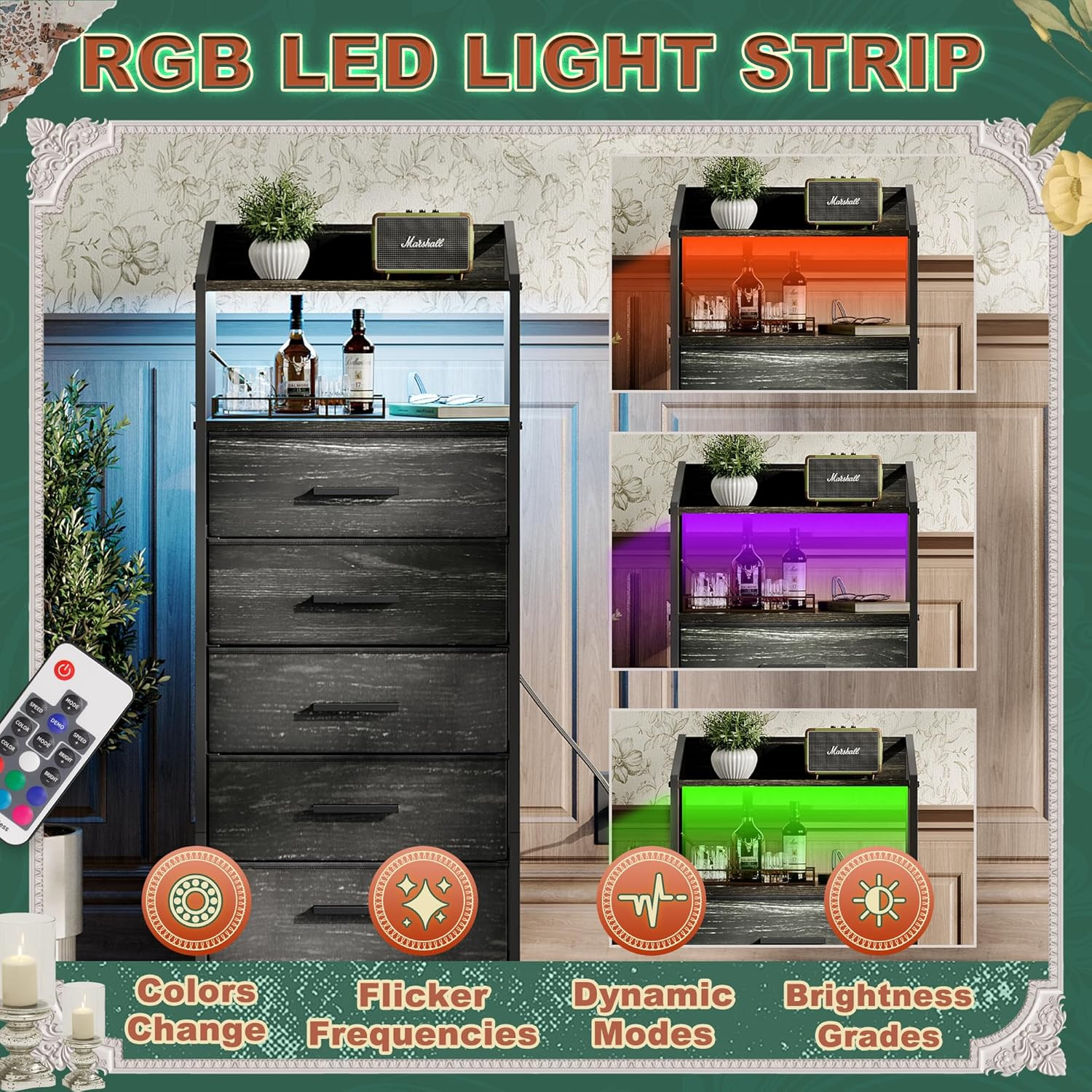 Nightstand 5 Drawer Dresser with LED Lights and Charging Station, Vertical Side