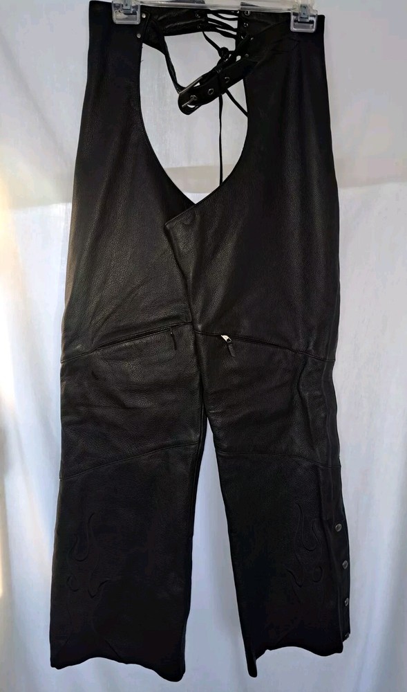 Women's Black Leather Power Strip Black Chaps/ Size Medium
