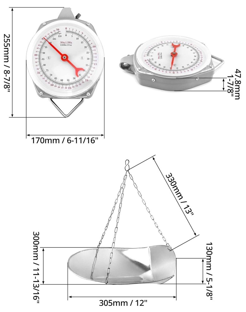 110 Lbs Large Display Spring Dial Weight Scale & Scale Scoop/Chain with Hanging