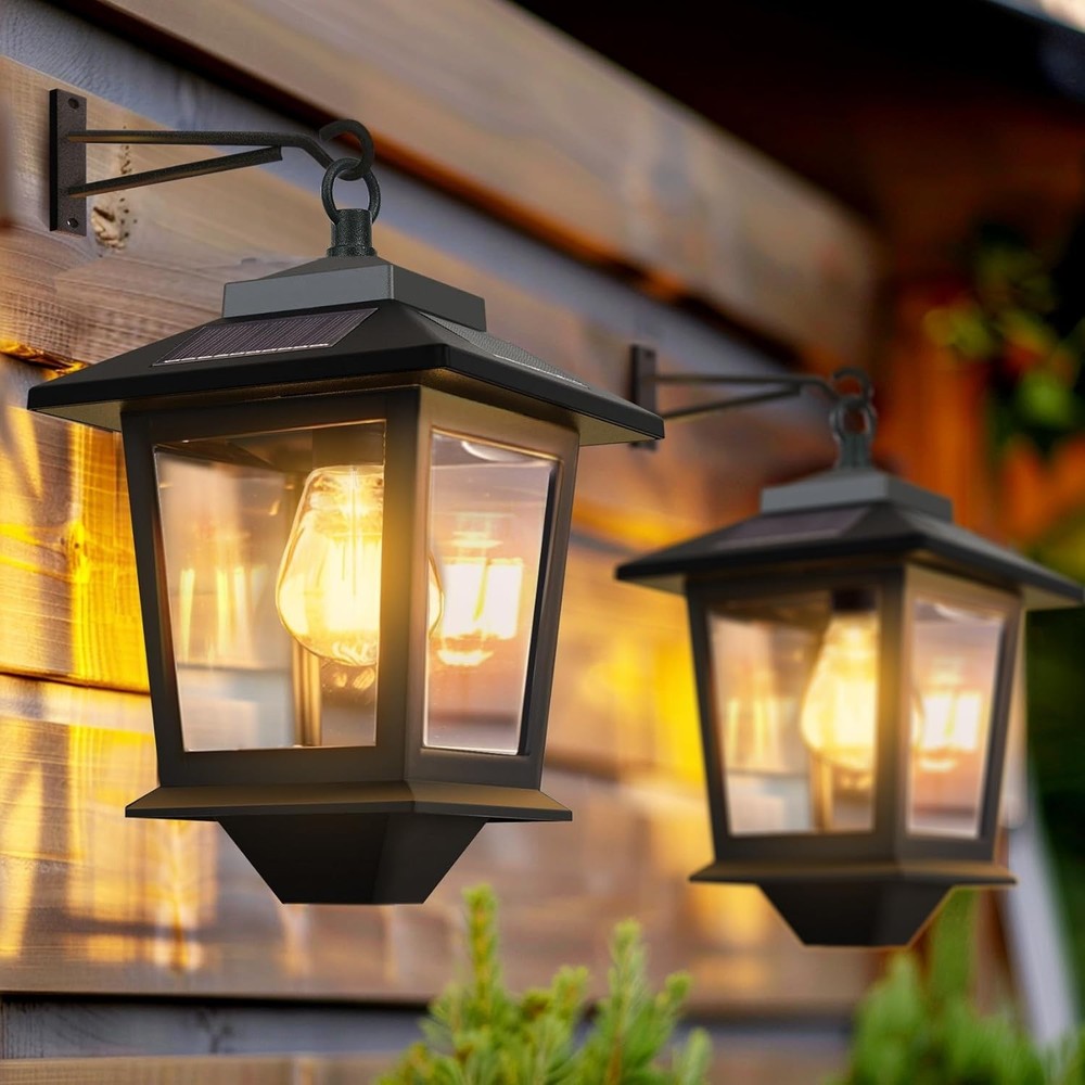 2 Pack Solar Wall Lanterns with Replaceable Bulb, Outdoor Hanging Solar Lights w