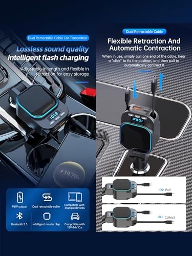 Retractable Car Charger 96W with Bluetooth Car Adapter, 4 in 1 Fast Charging,