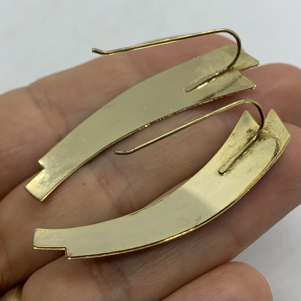 Vtg Black Enamel Geometric Bold Drop Earrings Goldtone Hook Statement Dramatic