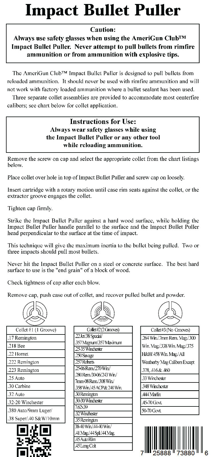 Impact Bullet Puller Hammer Tool w/ 3 Expandable Collets for .17 to 50 Cal New