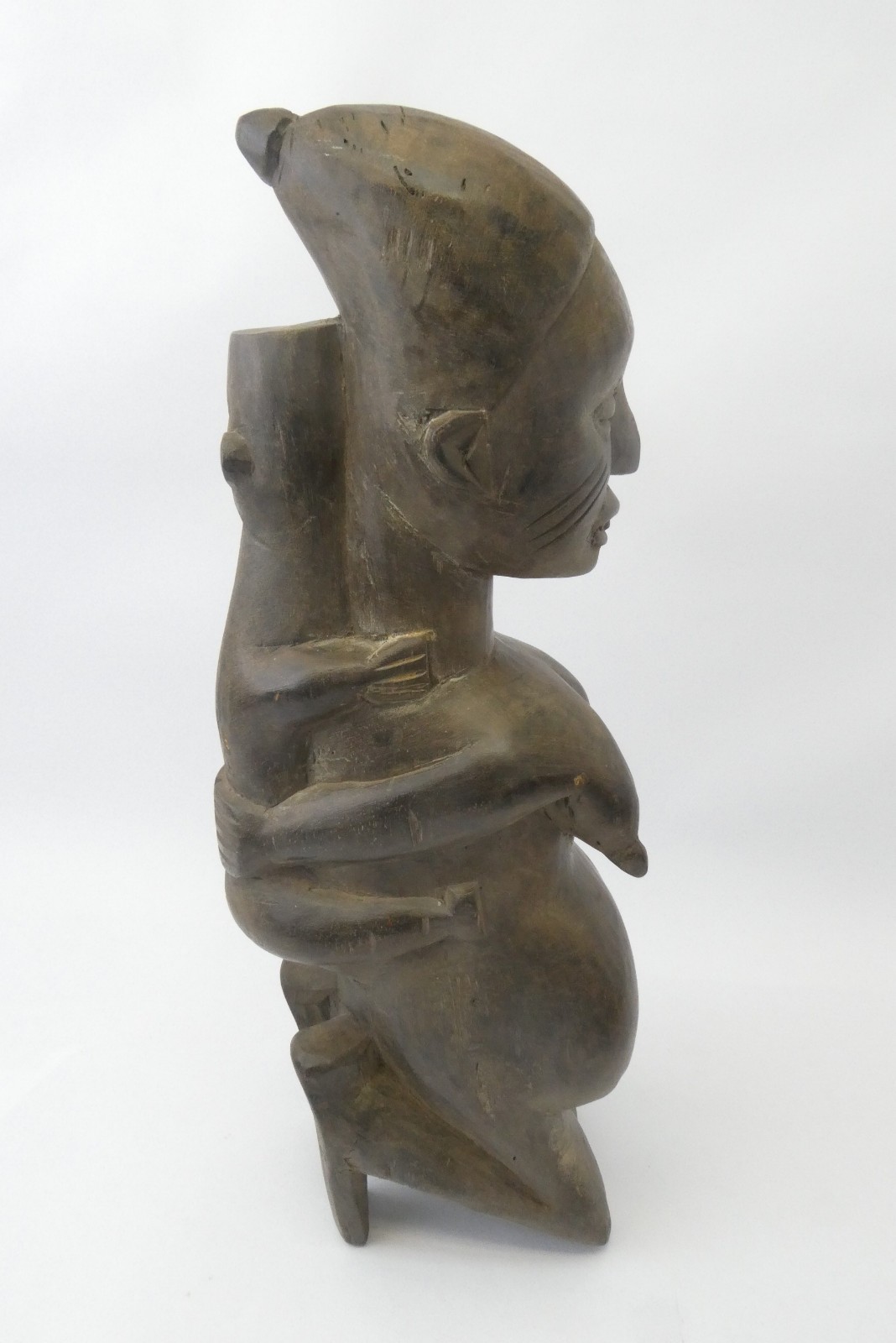 African Carved Wood Fertility Figure Mother & Child Sculpture 15.75"