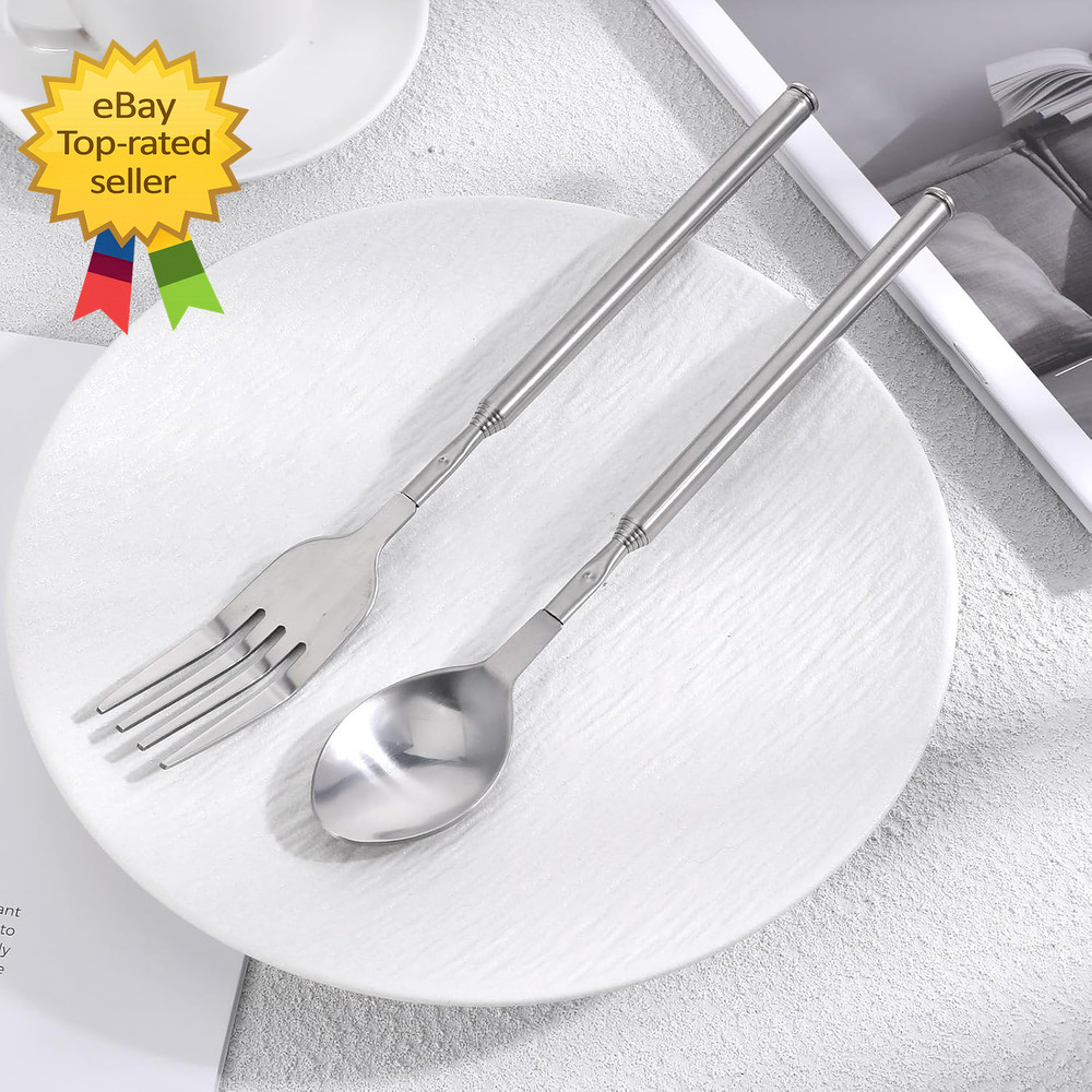 2 Pcs Extendable Fork and Spoon Set Adjustable Telescopic StainlessSteel BBQTool