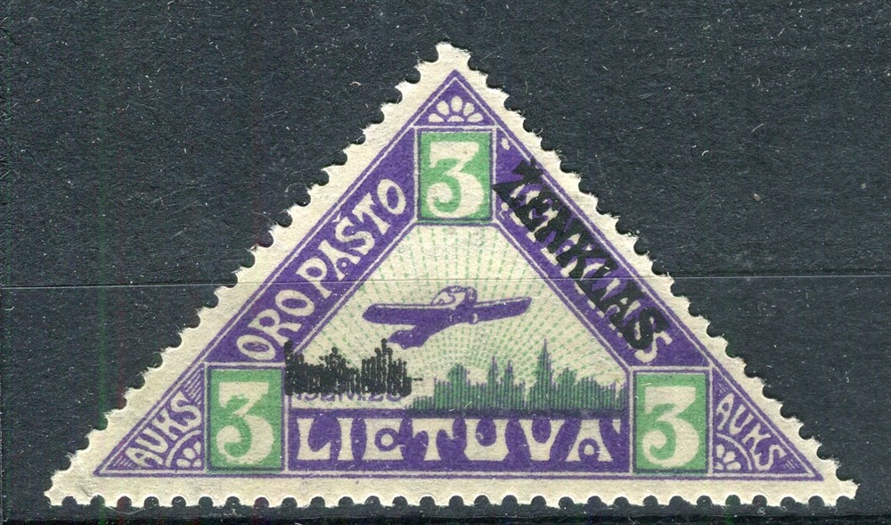 LITHUANIA; 1922 early Airmail Triangle issue Mint hinged 3A. value
