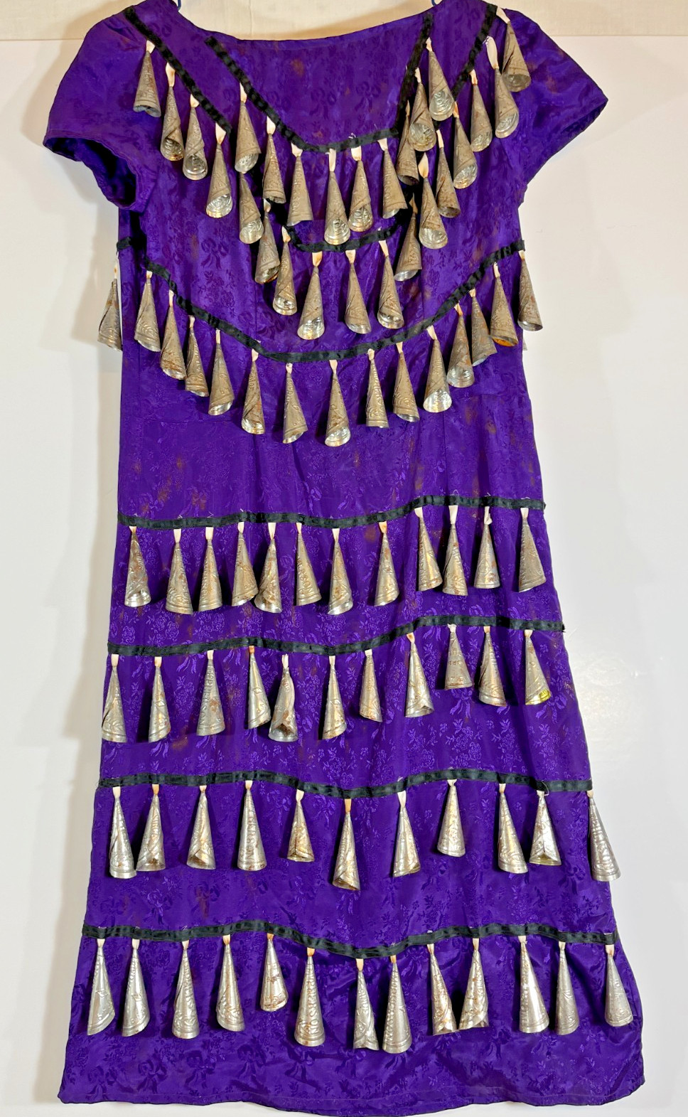 Rare Vintage Ojibwe Jingle Dance Dress Purple Brocade w/ ±175 Tin Cones 1950-60s