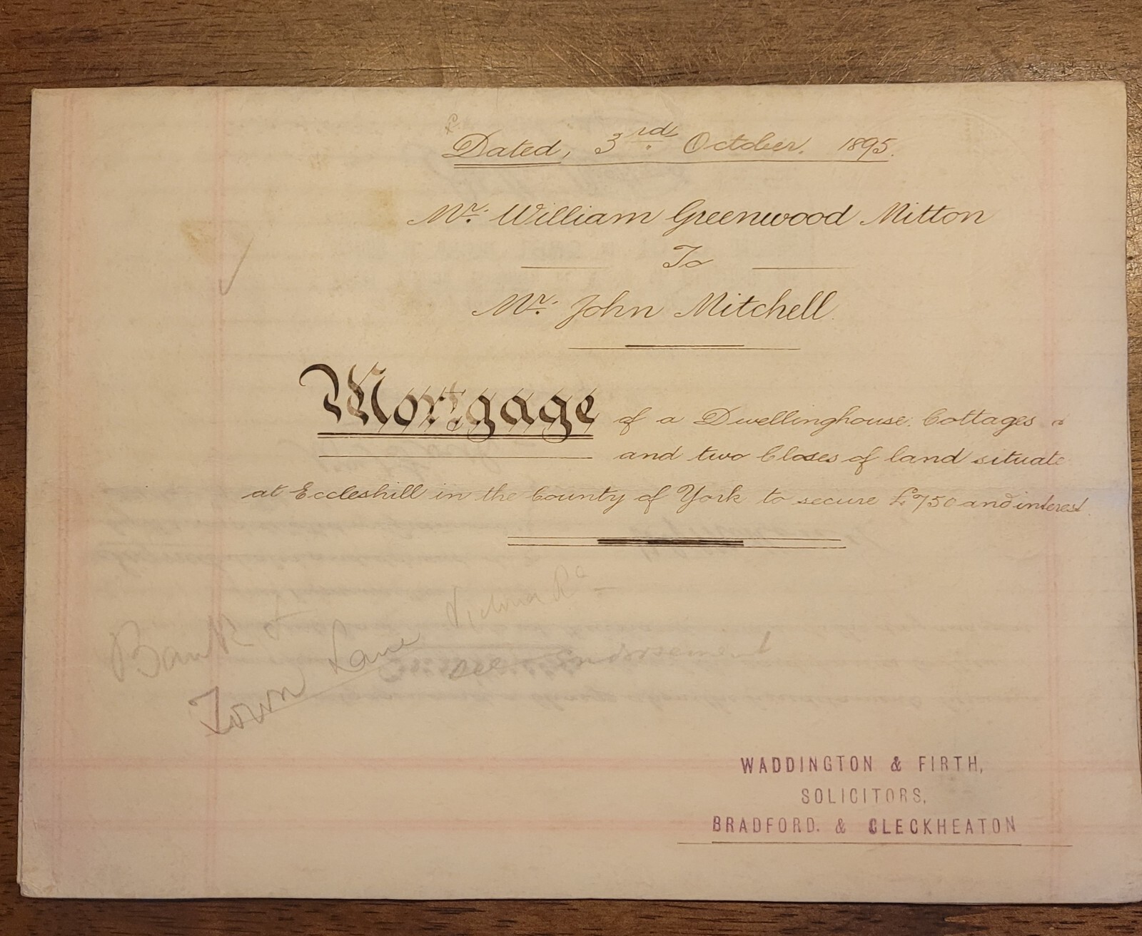 1895 Vellum Indenture. W. G. Mitton To J. Mitchell Re: Town St, Eccleshill & ...
