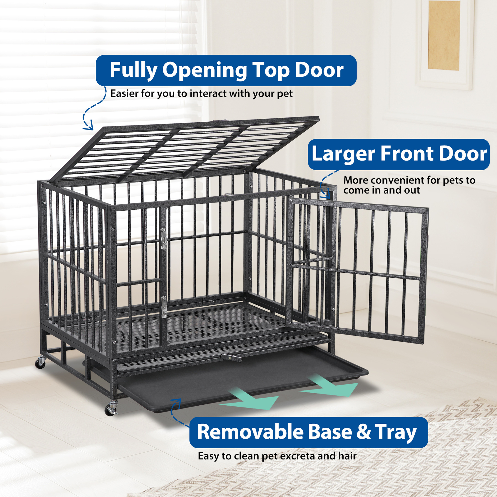 37" Heavy Duty Pet Dog Cage Strong Metal Crate Kennel Playpen with Wheels&Tray