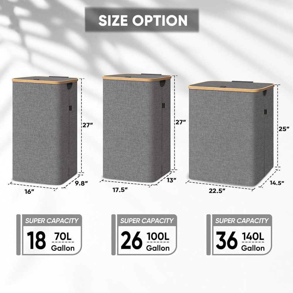 Laundry Hamper with Lid, Tall Laundry Baskets with Bamboo Pull Handles, Large La