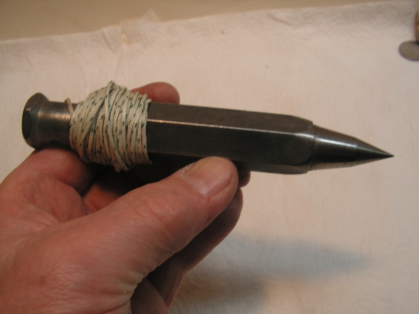 Vintage 12oz Plumb Bob With Nylon Cord 12'+ Hex Body, Nice Sharp Point