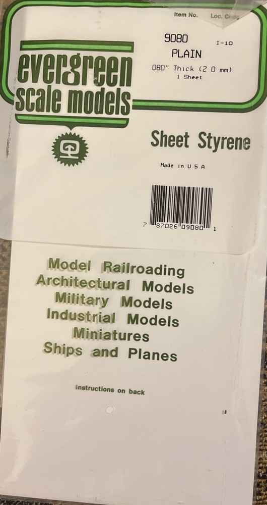 Evergreen Scale Models #9080 Plain, White Styrene Sheet, .080" Thick, pkg. 1