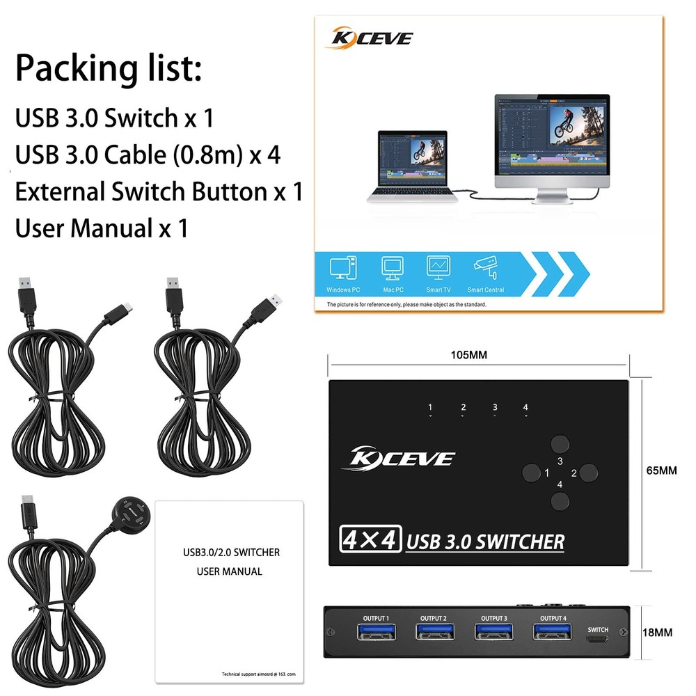 USB 3.0 Switch Selector 4 Port,KVM Switcher 4 Computers Sharing 4 USB Devices...