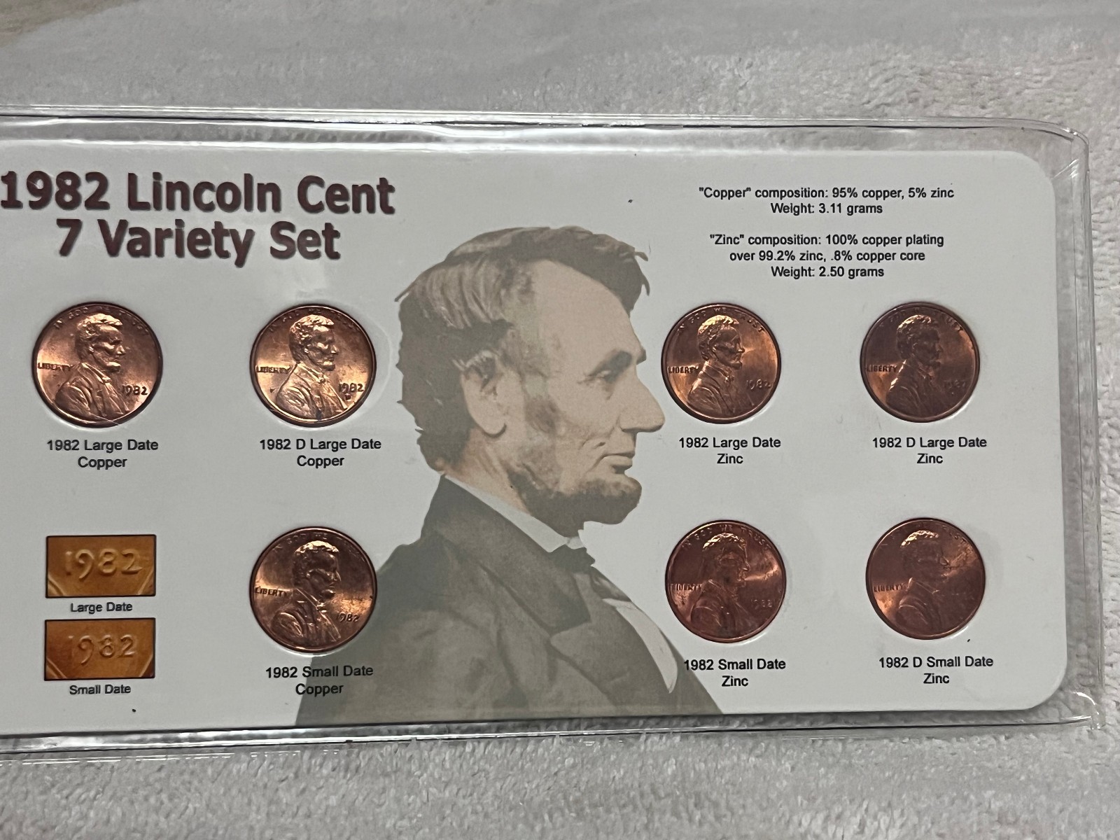 1982 Lincoln Cent 7 Variety Set in Plastic Sleeve on Full Color Card