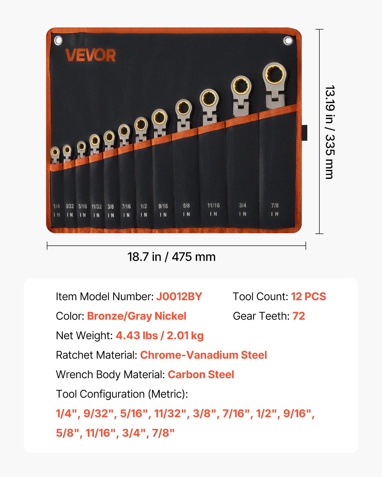VEVOR Flex-Head Ratcheting Wrench Set Combination Wrench Set 12-Piece SAE Sizes