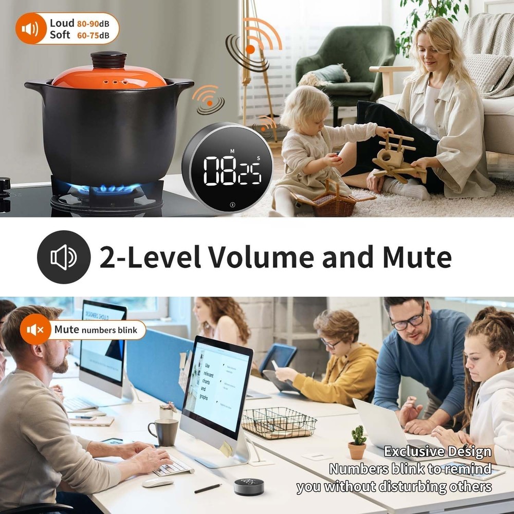 Large LED Digital Kitchen Timer - Magnetic, Adjustable Volume, Easy Use for All