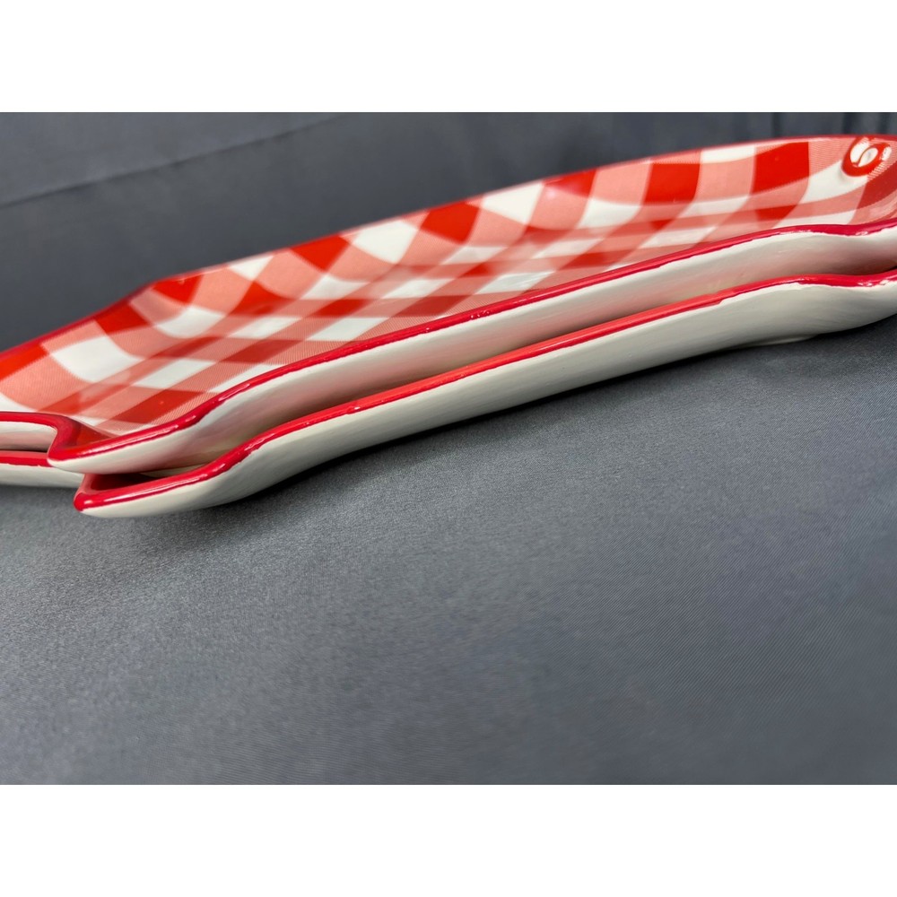 Set of 2 Ceramic Pig Plates Red Gingham Pattern