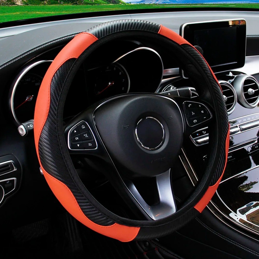 Car Steering Wheel Cover Red Black Leather Anti-slip For 15"/38cm Carbon Fiber