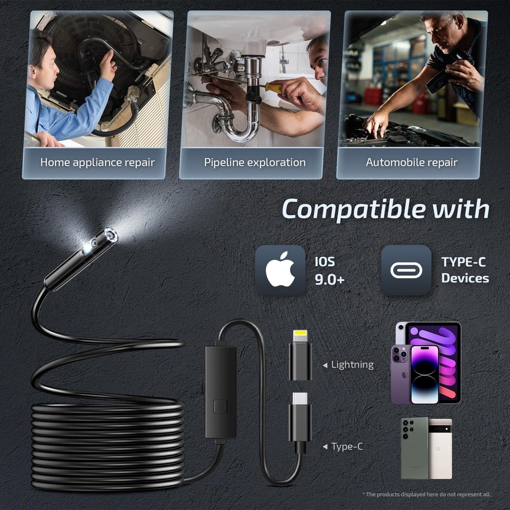 Endoscope Camera with Light, 1920P Borescope Camera with 8+1 Adjustable LED L...