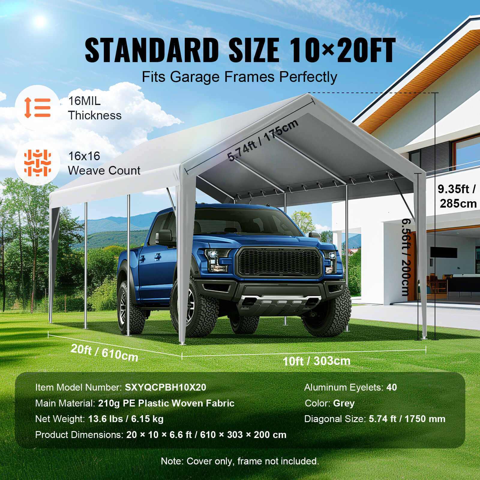 VEVOR Carport Replacement Canopy Car Shelter Tent Cover 10 x 20 ft Grey