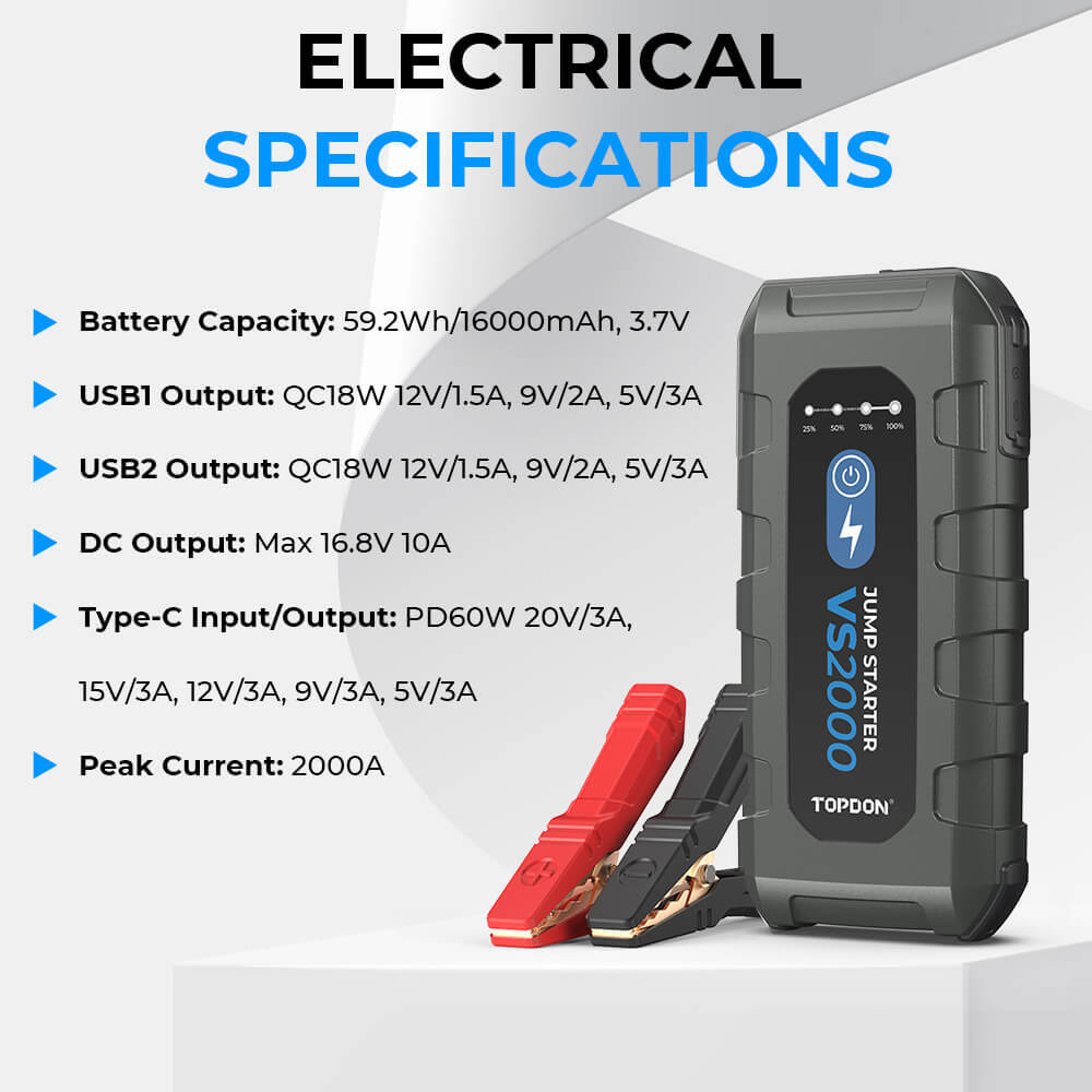 TOPDON Super Capacitor VS2000 Car Jump Starter 2000A Quick Charge Booster