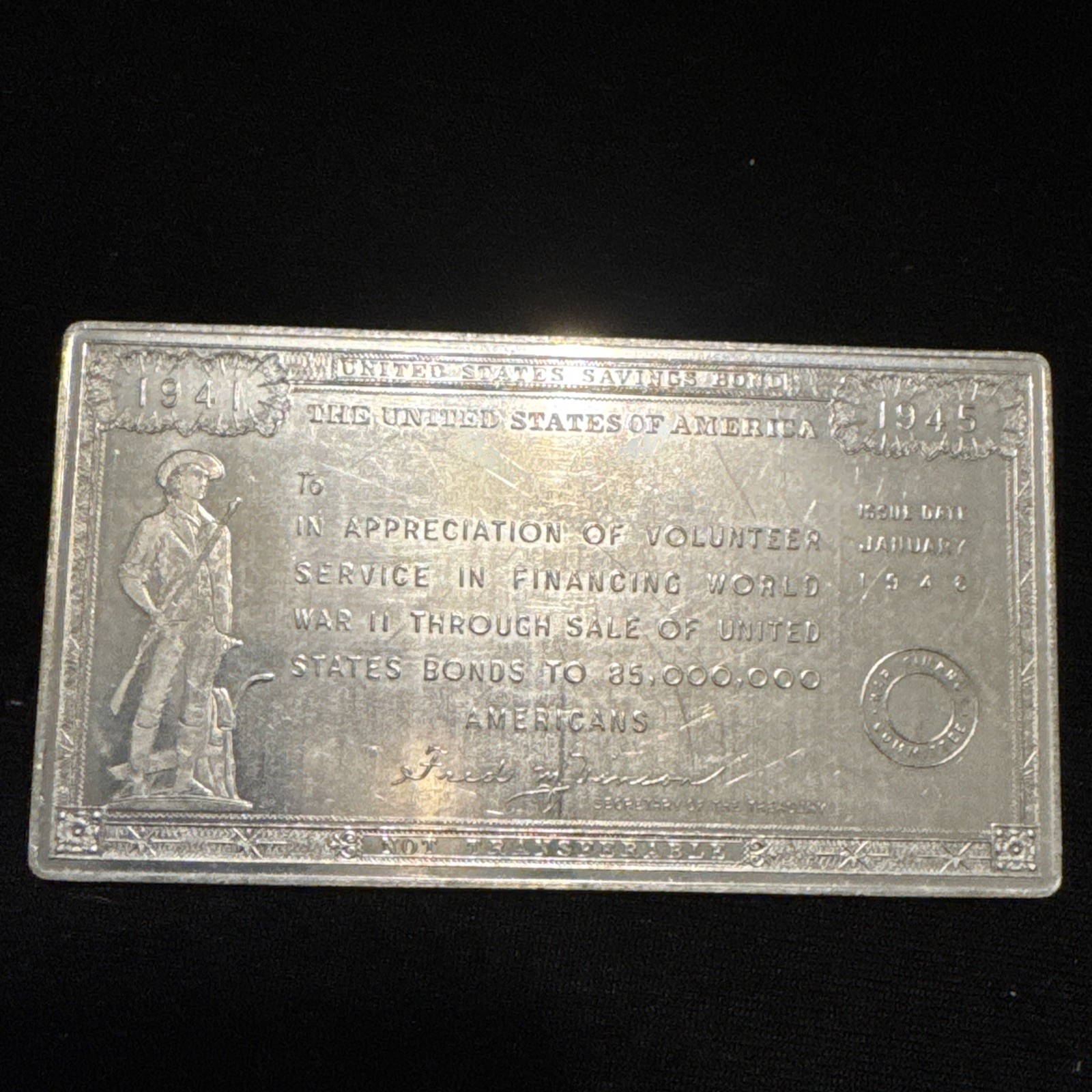 Vintage US Saving Bond Appreciation Aluminum Plaquette 1941-1945 WWII Minuteman