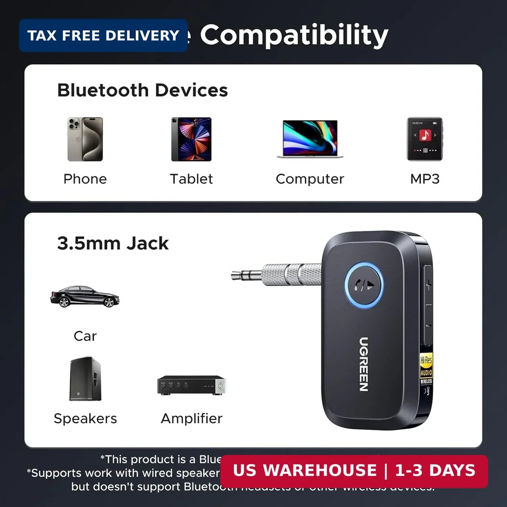 UGREEN Bluetooth 6.0 Receiver for Car with LDAC, AI Noise Cancelling 3.5mm AUX B