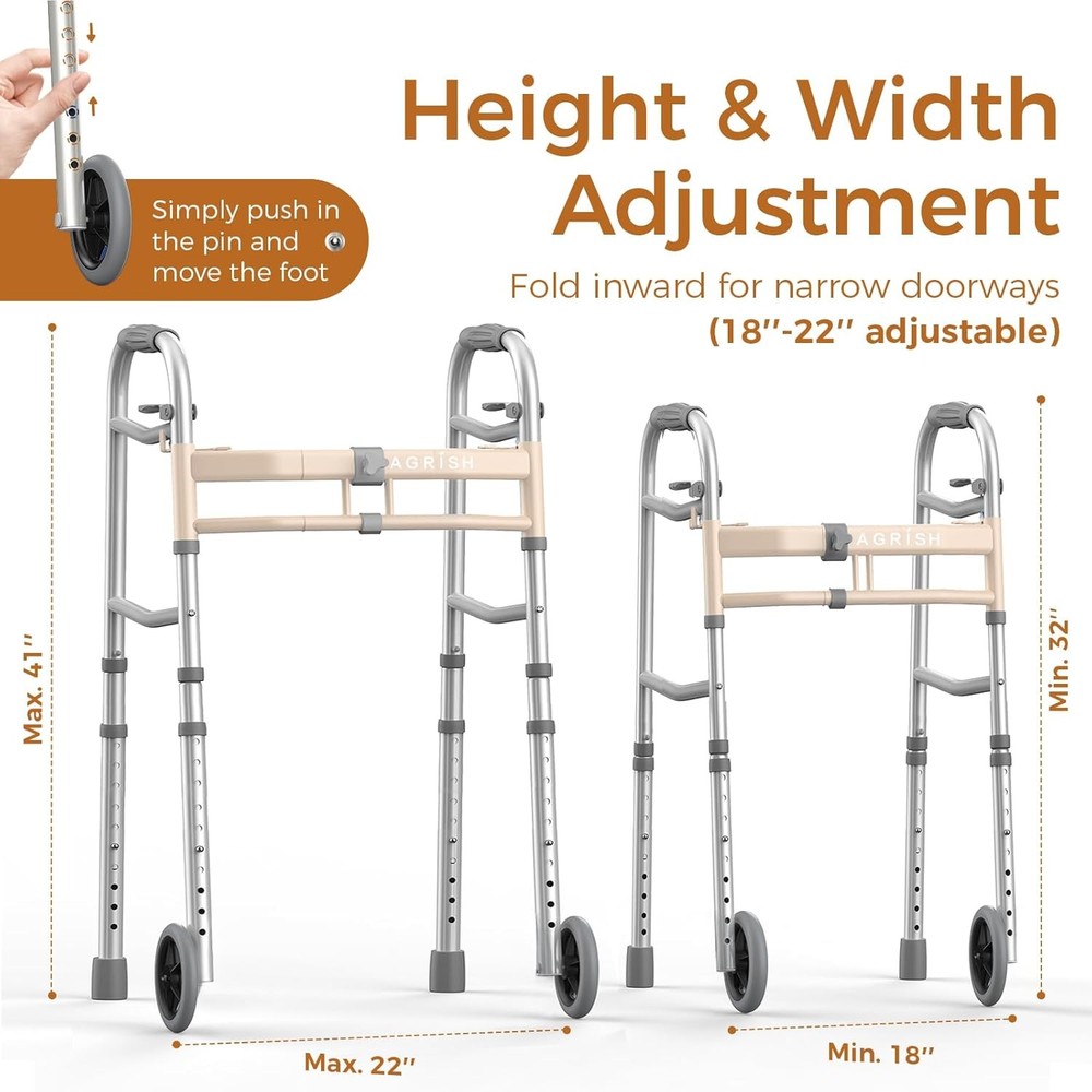 Lightweight Folding Walker Narrow Frame Adjustable Height Width 350lb