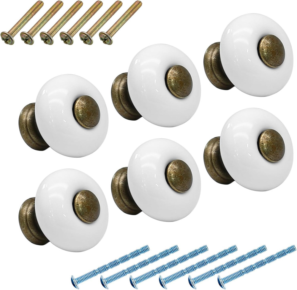 6pcs White Ceramic Drawer Knobs, Vintage Dresser Knobs with Antique Bronze Point