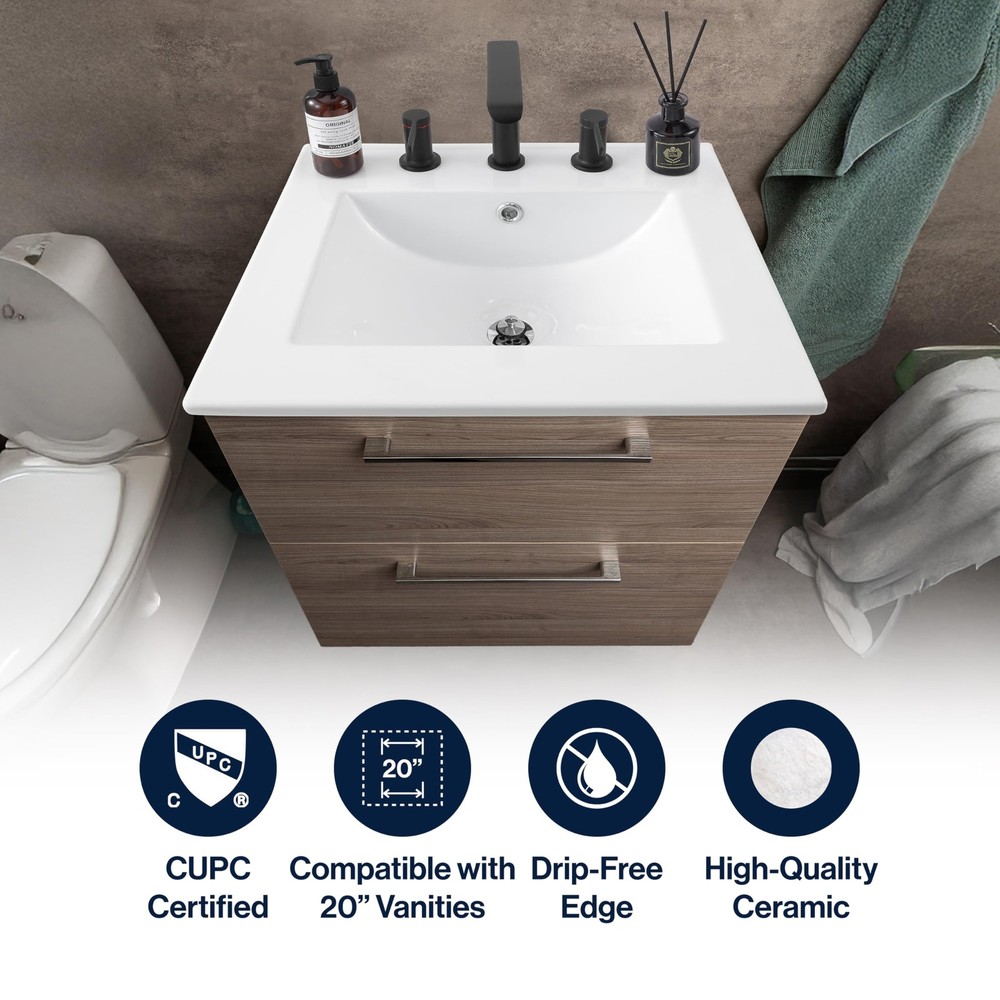 20 Inch White Ceramic Rectangular Sink Basin For Bathroom Vanity Classic Style