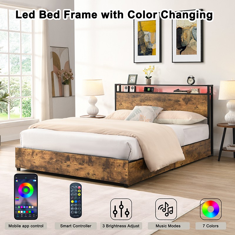 Queen Size Bed Frame w/ Storage Headboard &Charging Station &LED Light