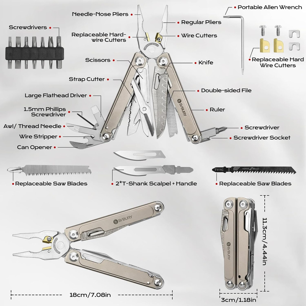 Titanium Alloy Multitool with Damascus Knife, EDC Multi Tools with Replaceable W