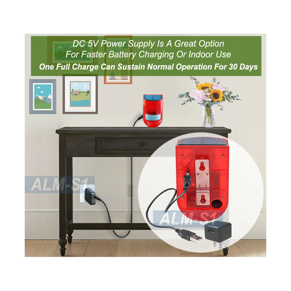 Motion Sensor Alarm Powered By Solar Panel DC USB 5V Loud Siren Sound Red Strobe