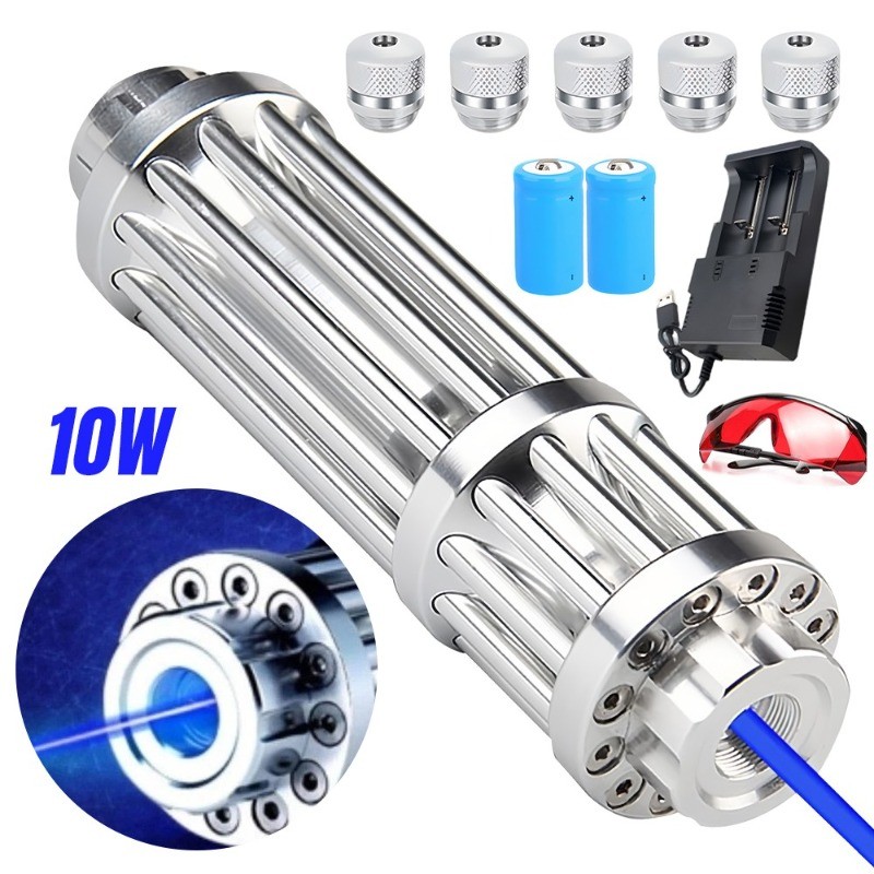 10Watt Adjustable Blue Burning Laser Pointer Visible Dot Torch Light 2 Battery