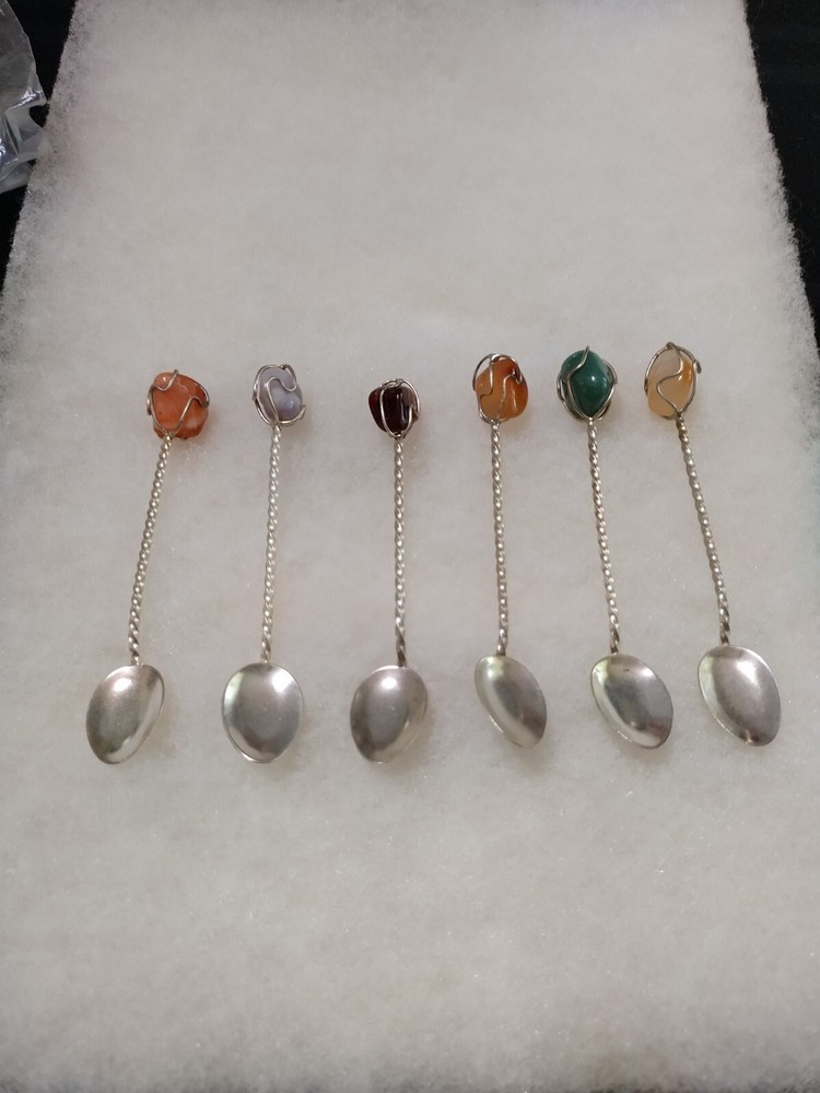 Set of 6 Silver and gemstone demi-tass spoons