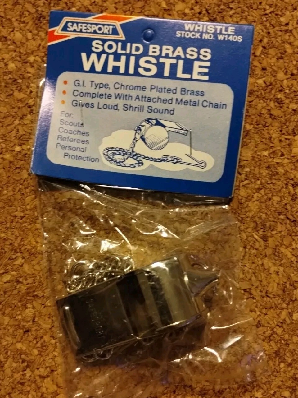 NOS Vintage Safesport G.I. Style Solid Brass Whistle Cork Ball And Chain